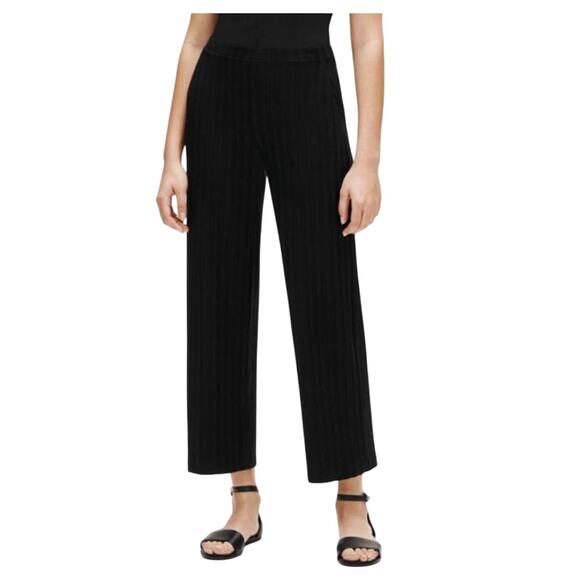Eileen Fisher Pants L Black Tencel Wide Rib Straight Elastic Waist Pockets NWT - Picture 10 of 13